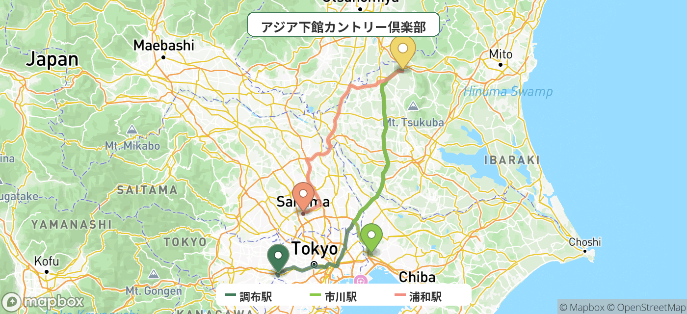 出発地とゴルフ場の位置地図