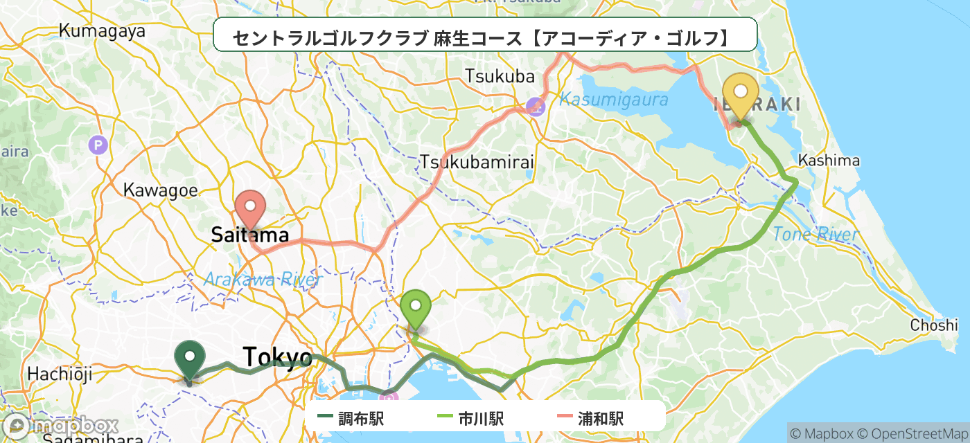 出発地とゴルフ場の位置地図