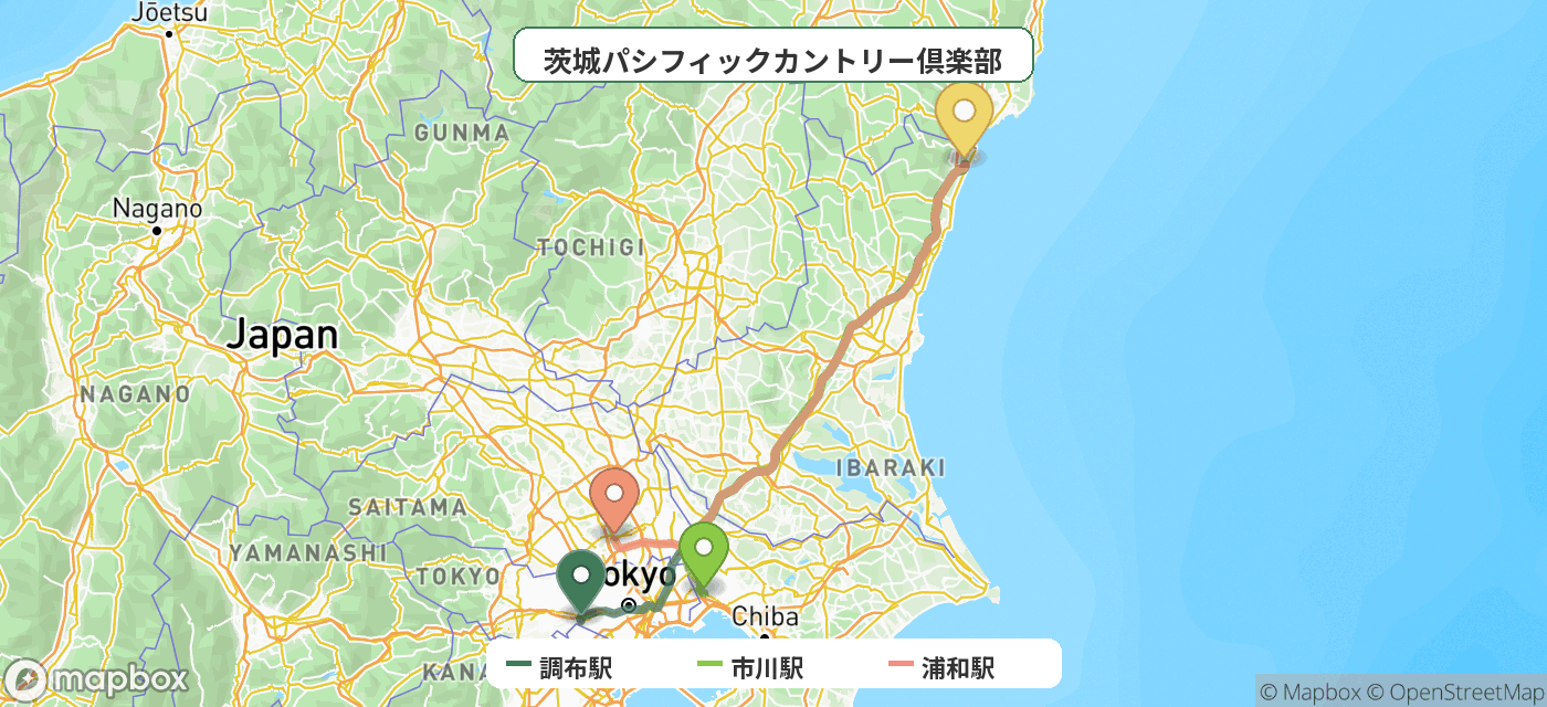 出発地とゴルフ場の位置地図