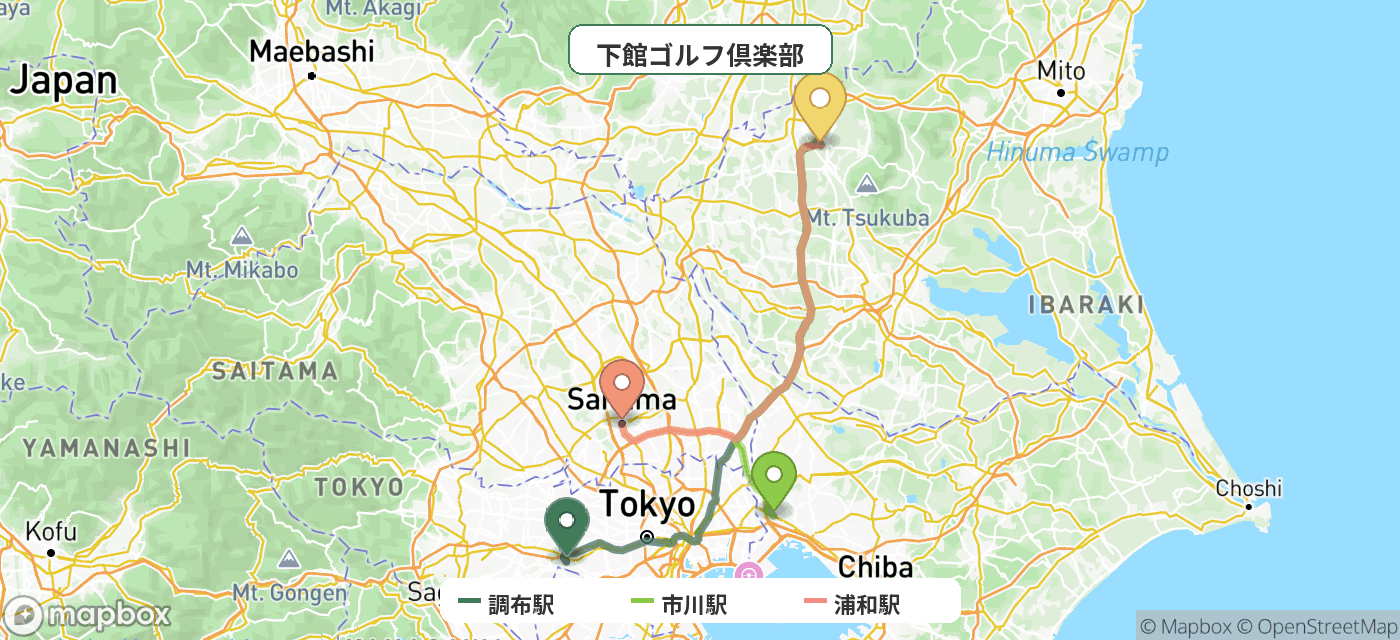 出発地とゴルフ場の位置地図