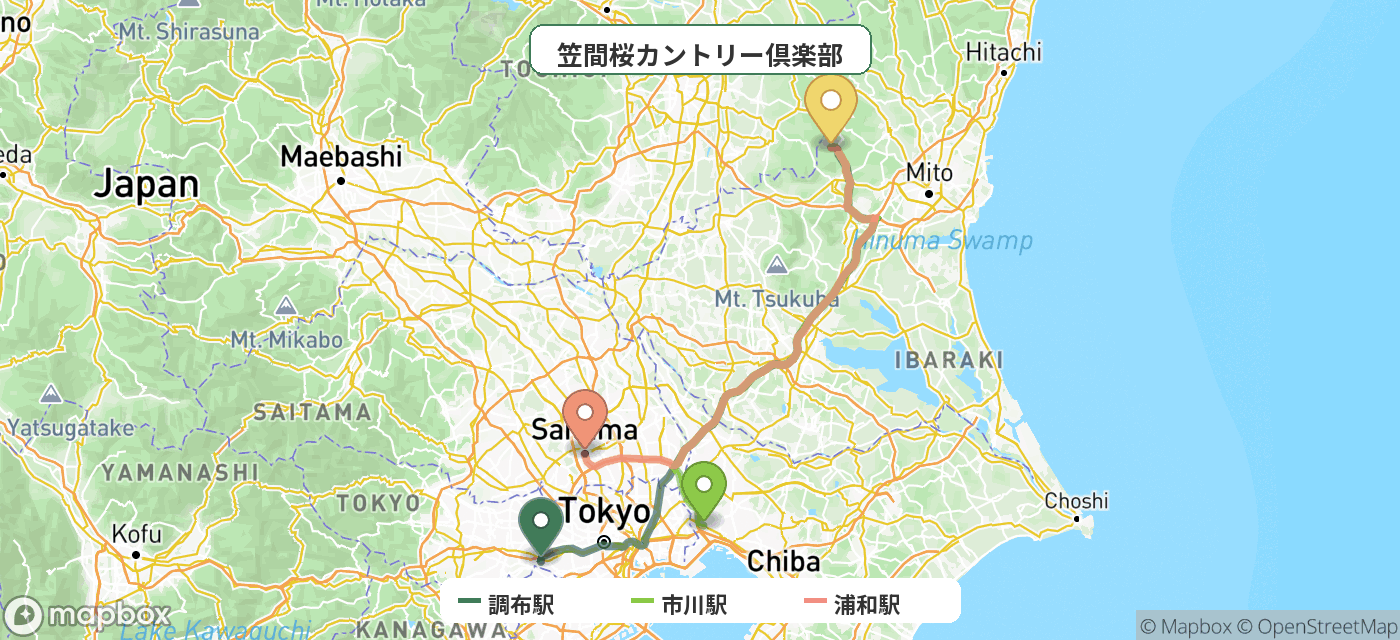 出発地とゴルフ場の位置地図