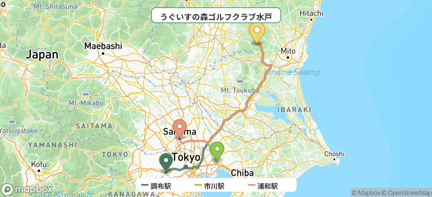 出発地とゴルフ場の位置地図