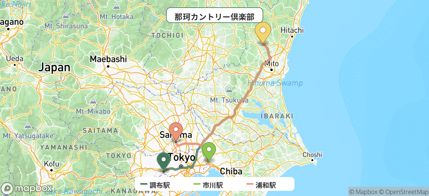 出発地とゴルフ場の位置地図