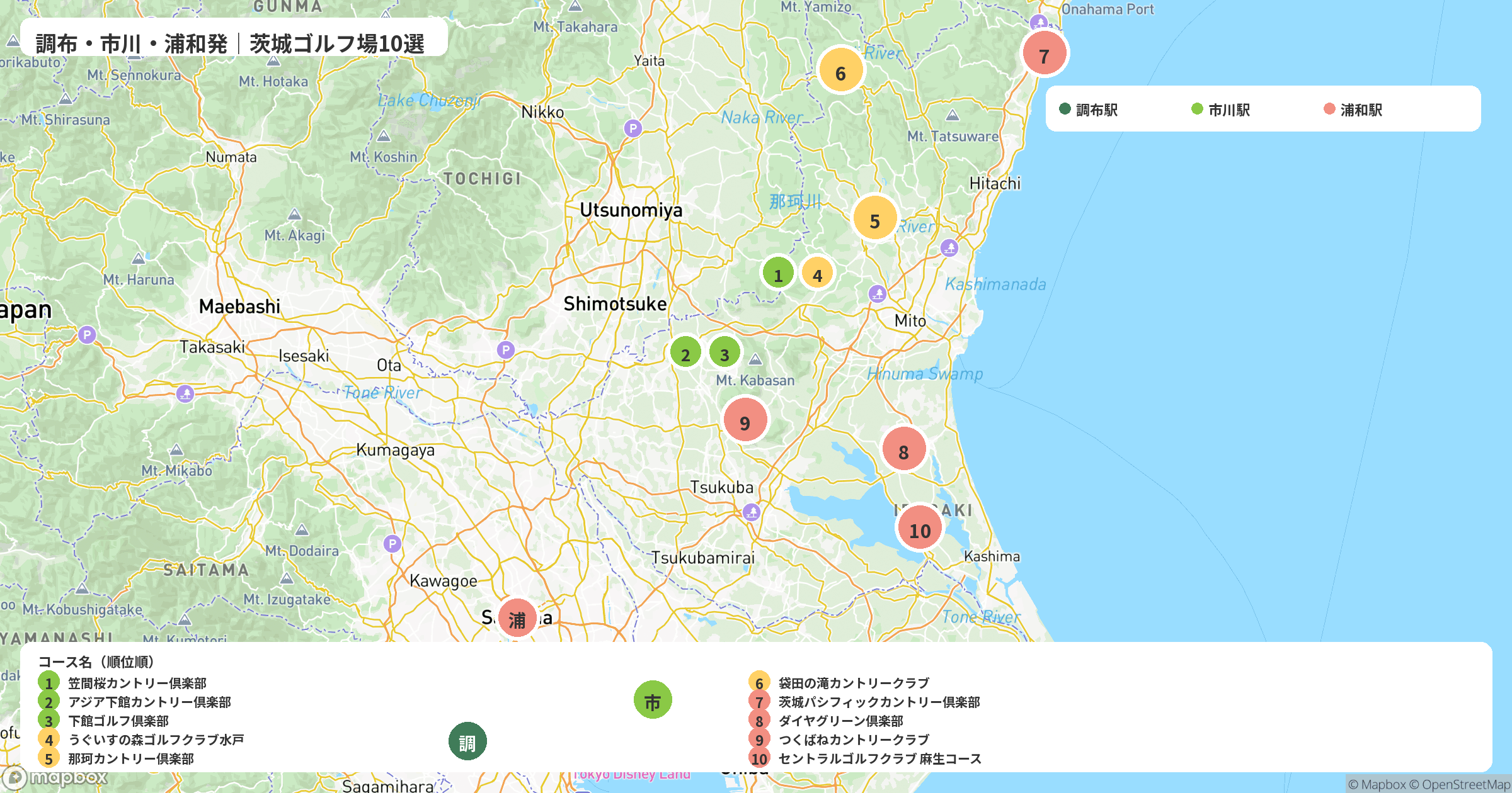 調布駅・市川駅・浦和駅と茨城県のゴルフ場10選の位置関係を示す地図