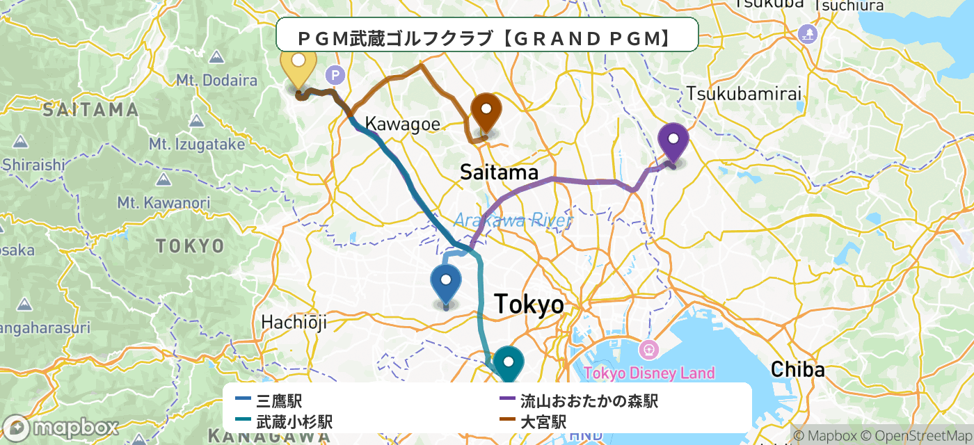 出発地とゴルフ場の位置地図