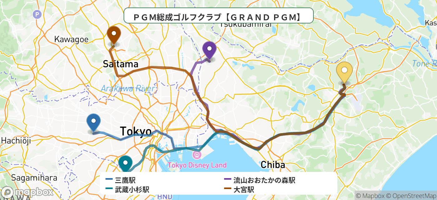 出発地とゴルフ場の位置地図