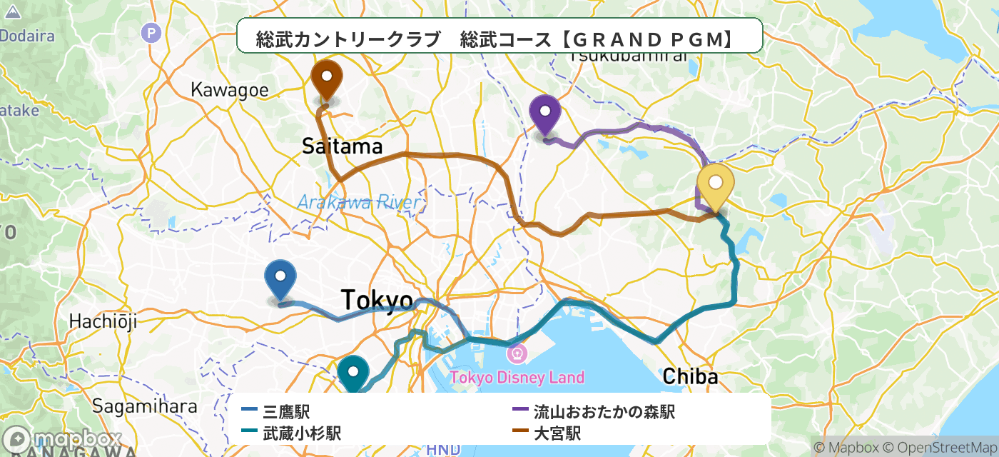 出発地とゴルフ場の位置地図