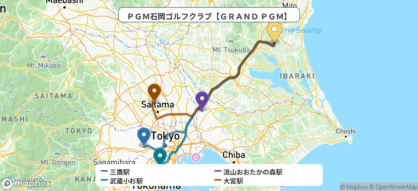 出発地とゴルフ場の位置地図