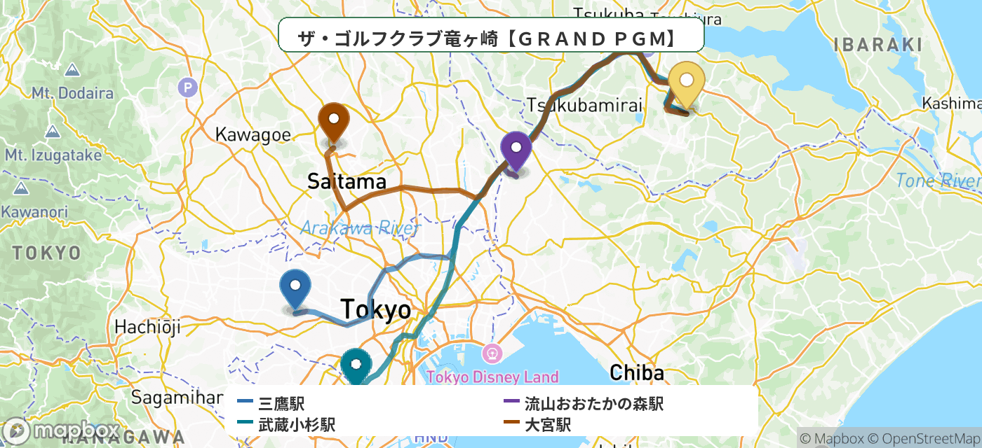 出発地とゴルフ場の位置地図