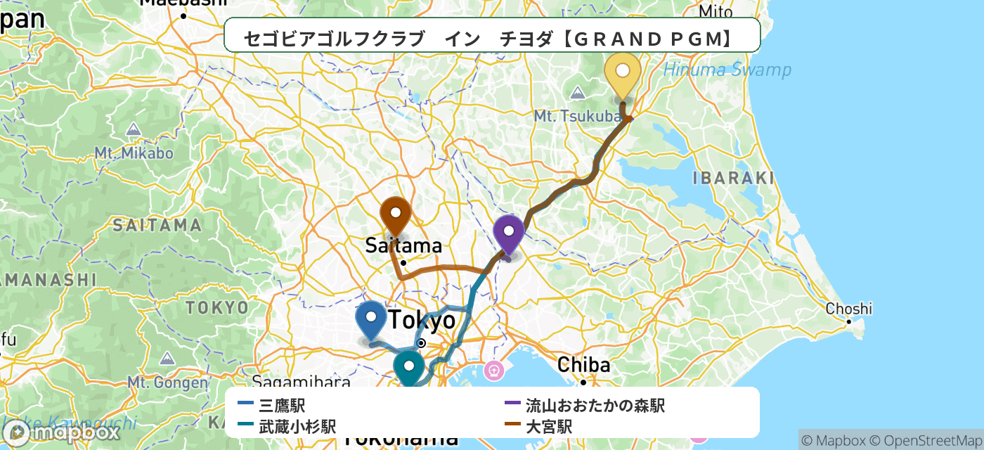 出発地とゴルフ場の位置地図