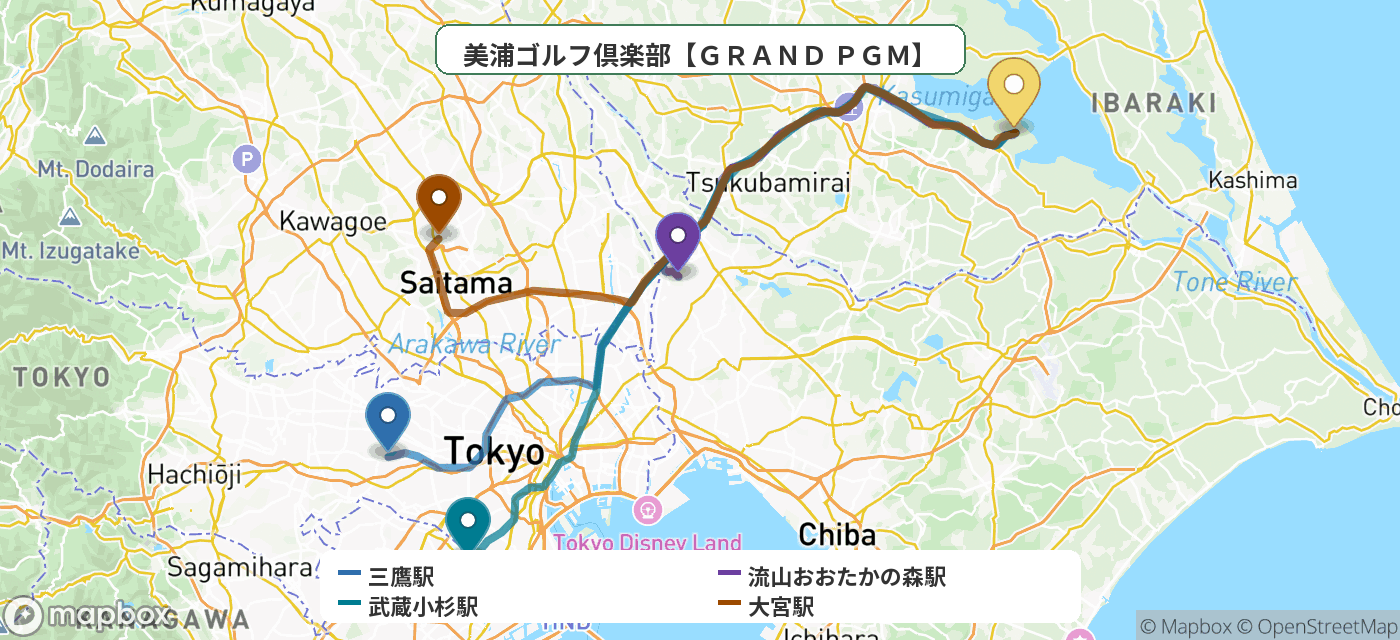 出発地とゴルフ場の位置地図