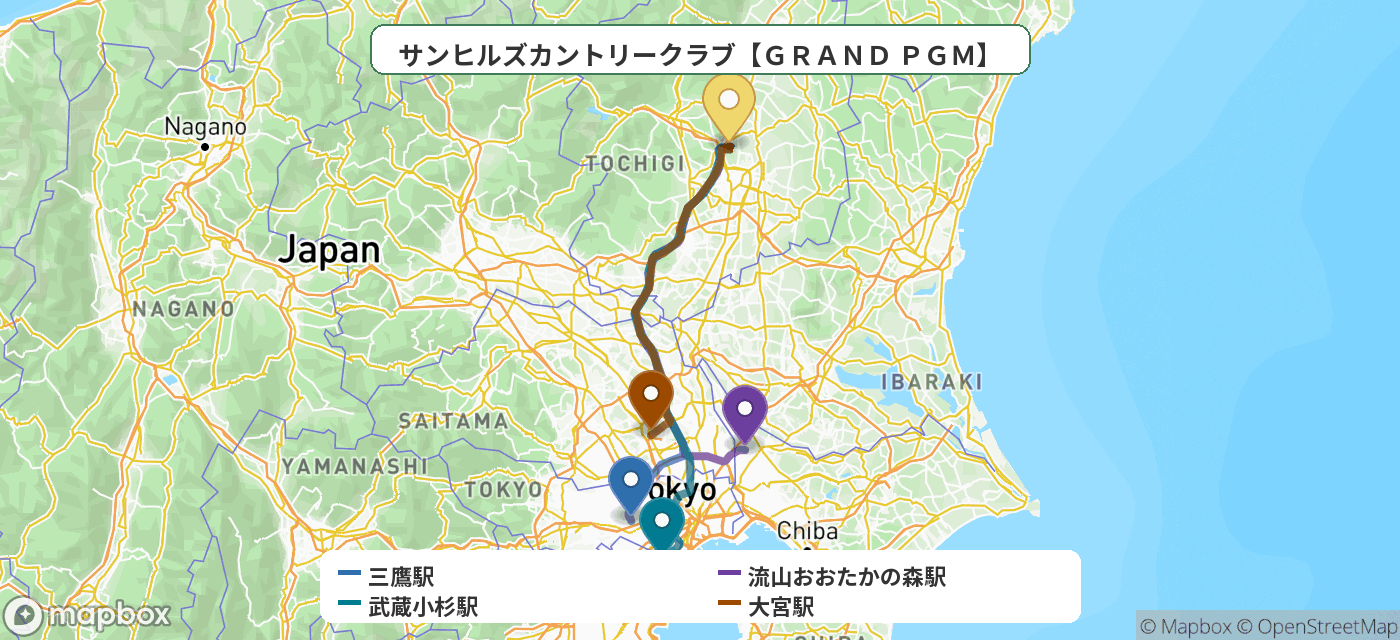 出発地とゴルフ場の位置地図